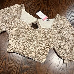 LUSH Cream & Brown Spotted Puff Sleeve Tie-Back Blouse – Size S